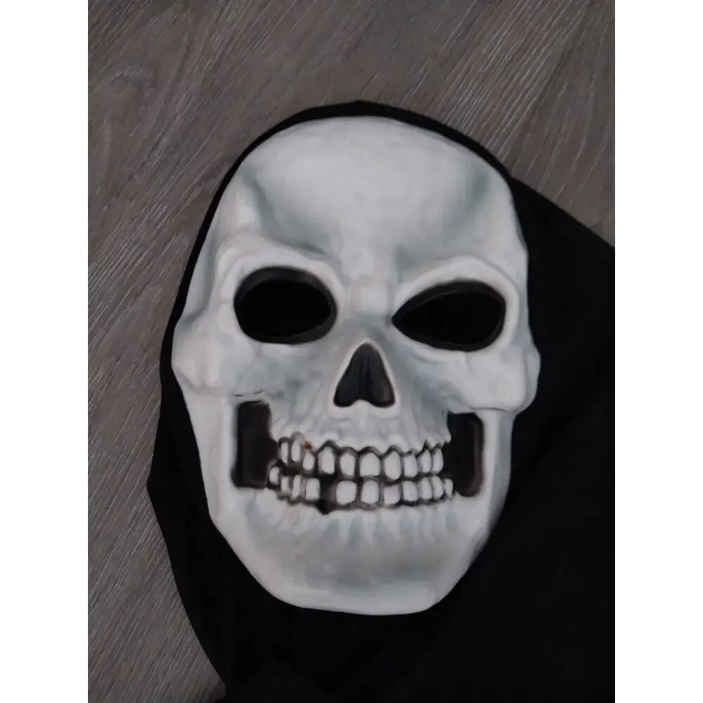 Latex Skeleton Halloween Mask with Black Hood and Skeleton Gloves Adult Costume